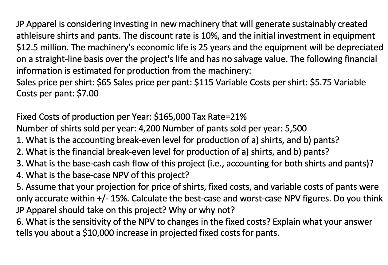ONLY ANSWER QUESTIONS 4 THROUGH 6 PLEASE JP Apparel is considering investing
