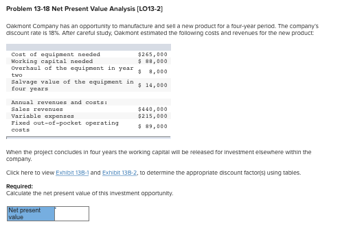  Problem 13-18 Net Present Value Analysis [LO13-2] Oakmont Company has an