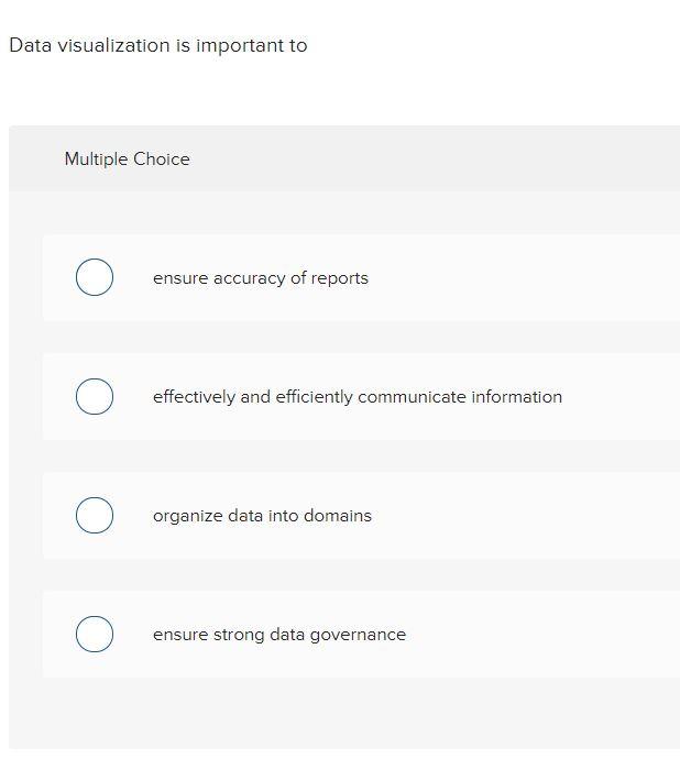  Data visualization is important to Multiple Choice O ensure accuracy of