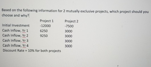  Based on the following information for 2 mutually exclusive projects, which