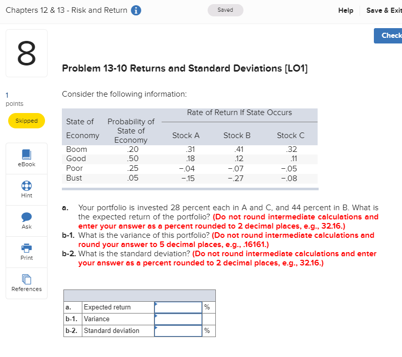  Chapters 12 & 13 - Risk and Return Saved Help Save