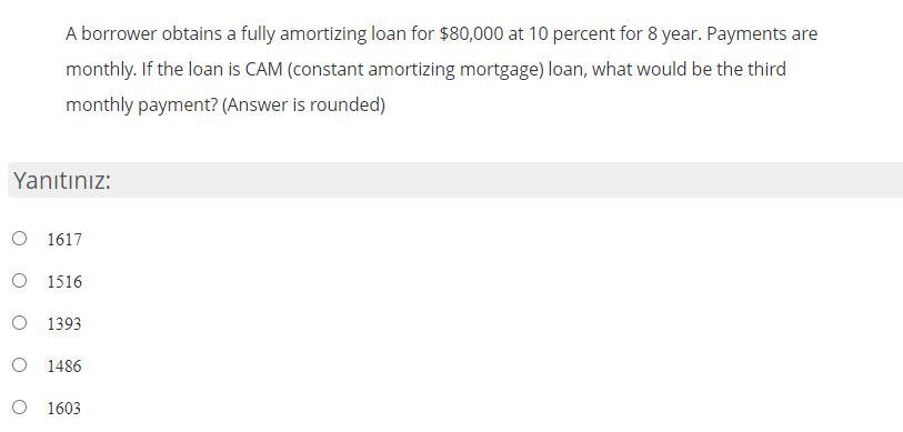  A borrower obtains a fully amortizing loan for $80,000 at 10