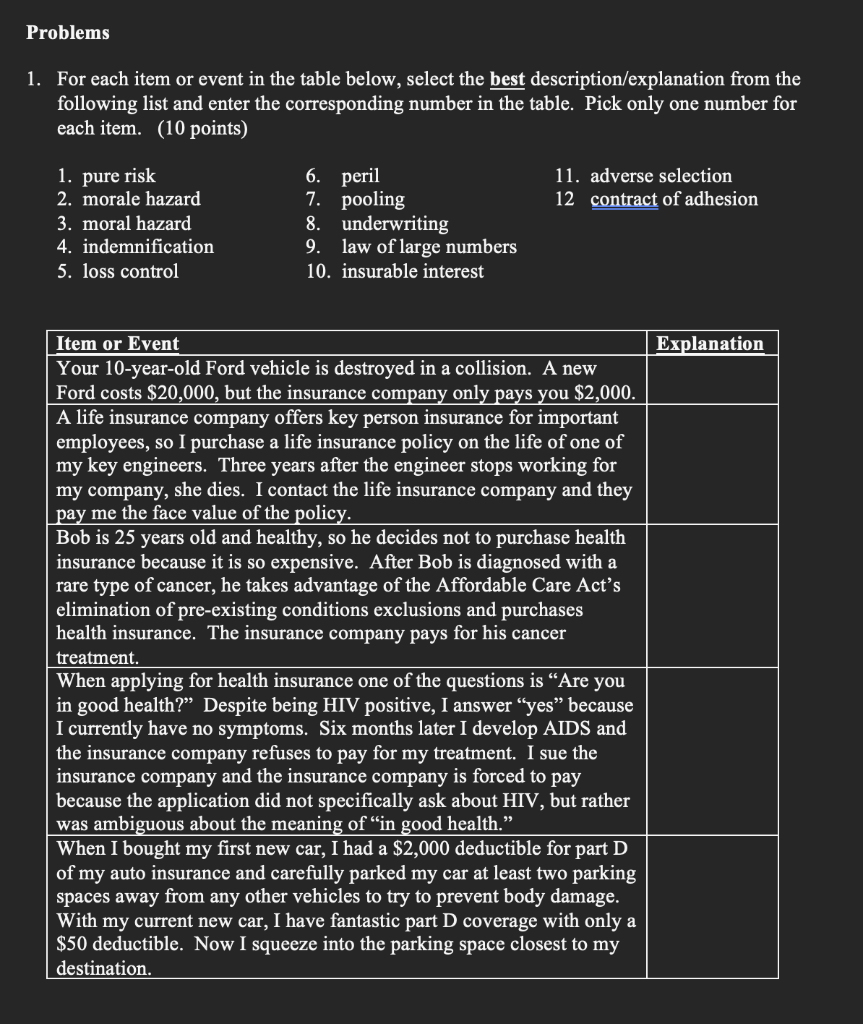 1. For each item or event in the table below, select