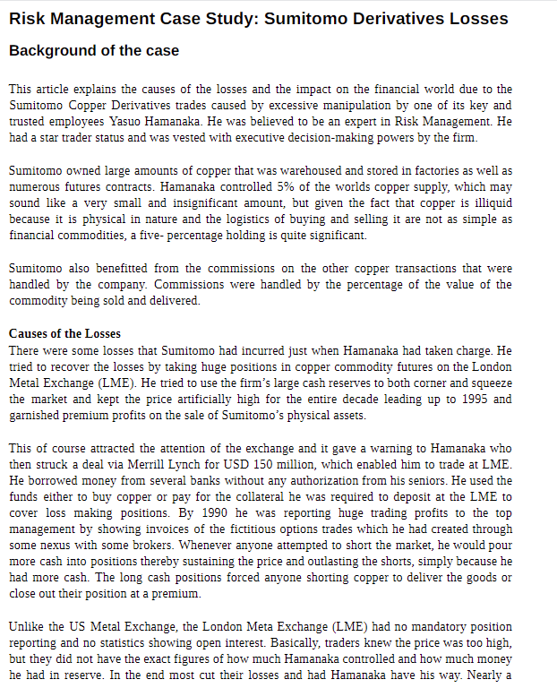 Please provide answer for question 6 only, tq Risk Management Case