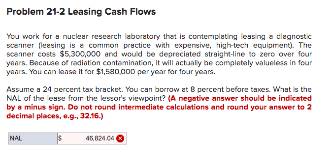 Problem 21-2 Leasing Cash Flows You work for a nuclear research
