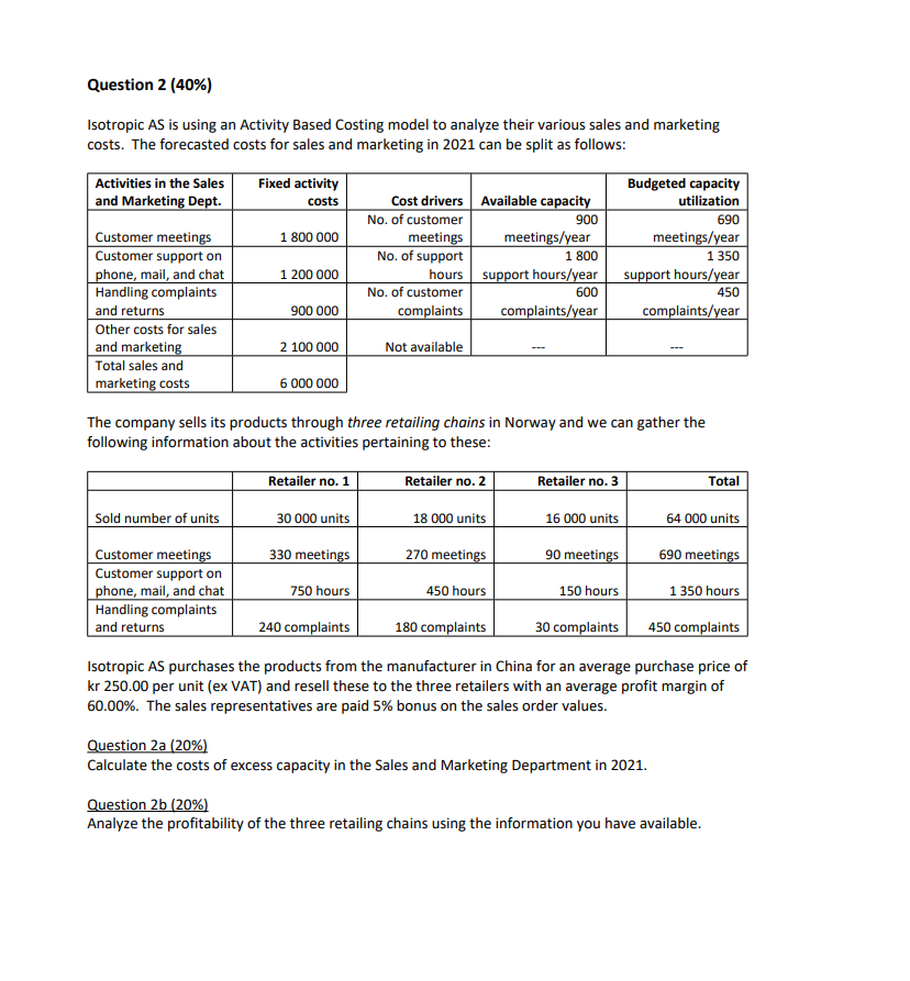  Question 2 (40%) Isotropic AS is using an Activity Based Costing