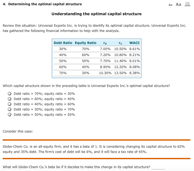  4. Determining the optimal capital structure Aa Aa E Understanding the