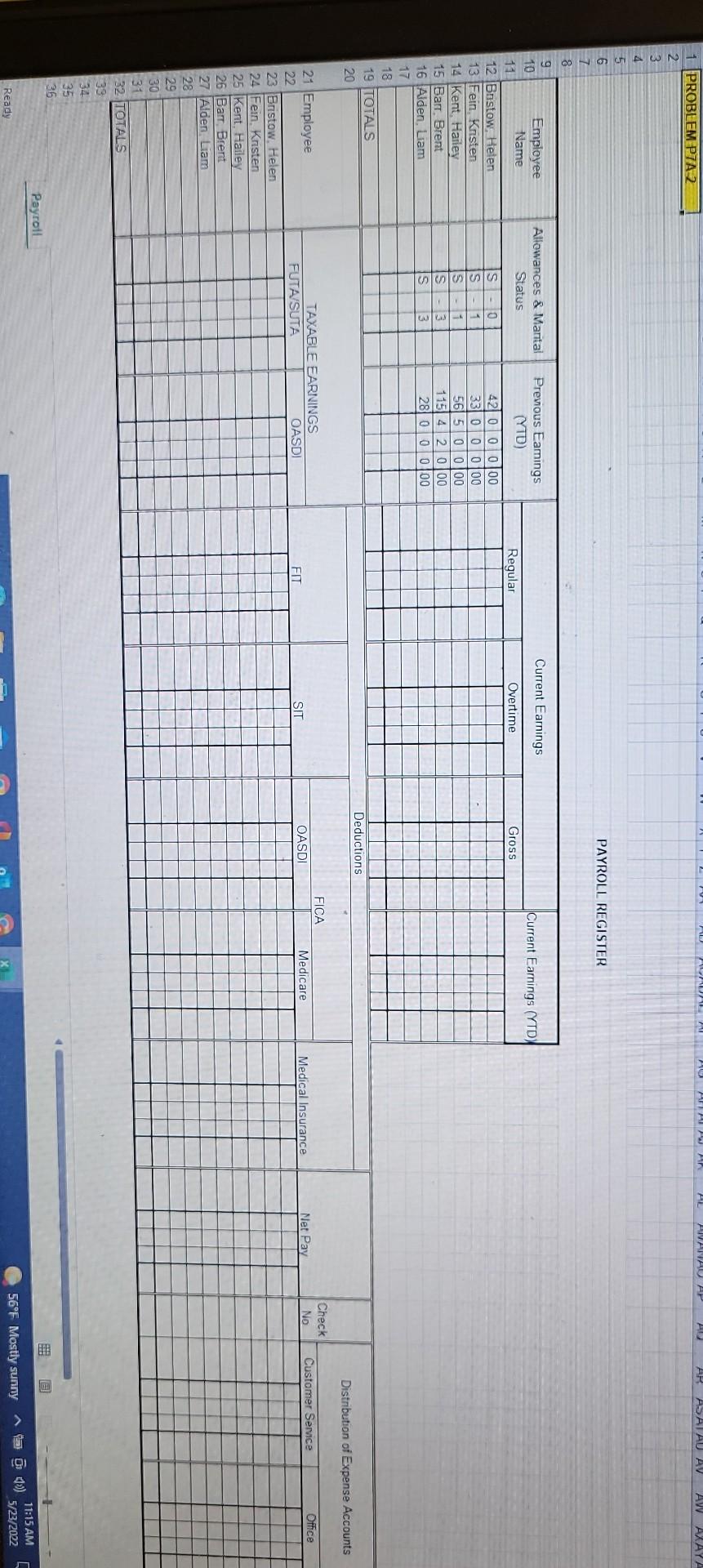 7a-2 problem 1 PROBLEM P7A-2 Employee Name 12 Bristow, Helen 13