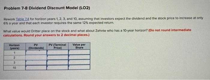  Problem 7-8 Dividend Discount Model (LO2) Rework Table 74 for horizon
