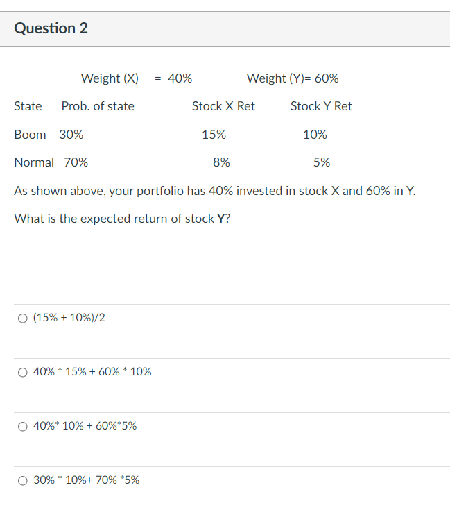 Question 2 Weight (X) 40% Weight (Y)= 60% State Prob. of