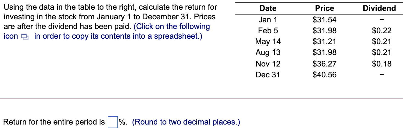 Dividend Using the data in the table to the right, calculate