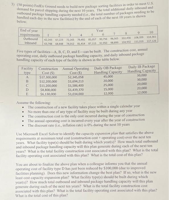  3) ($0 points) FedEx Ground needs to build new package sorting