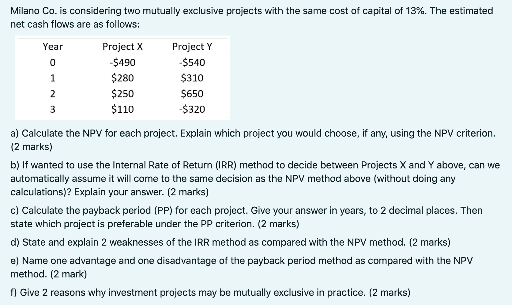 Milano Co. is considering two mutually exclusive projects with the same