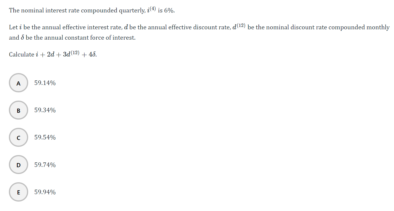  The nominal interest rate compounded quarterly, (4) is 6%. Let i