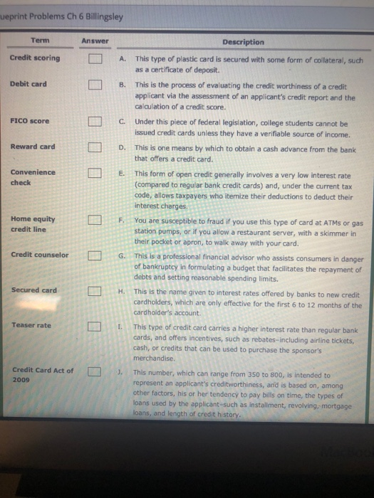  please help ueprint Problems Ch 6 Billingsley Term Answer Description Credit