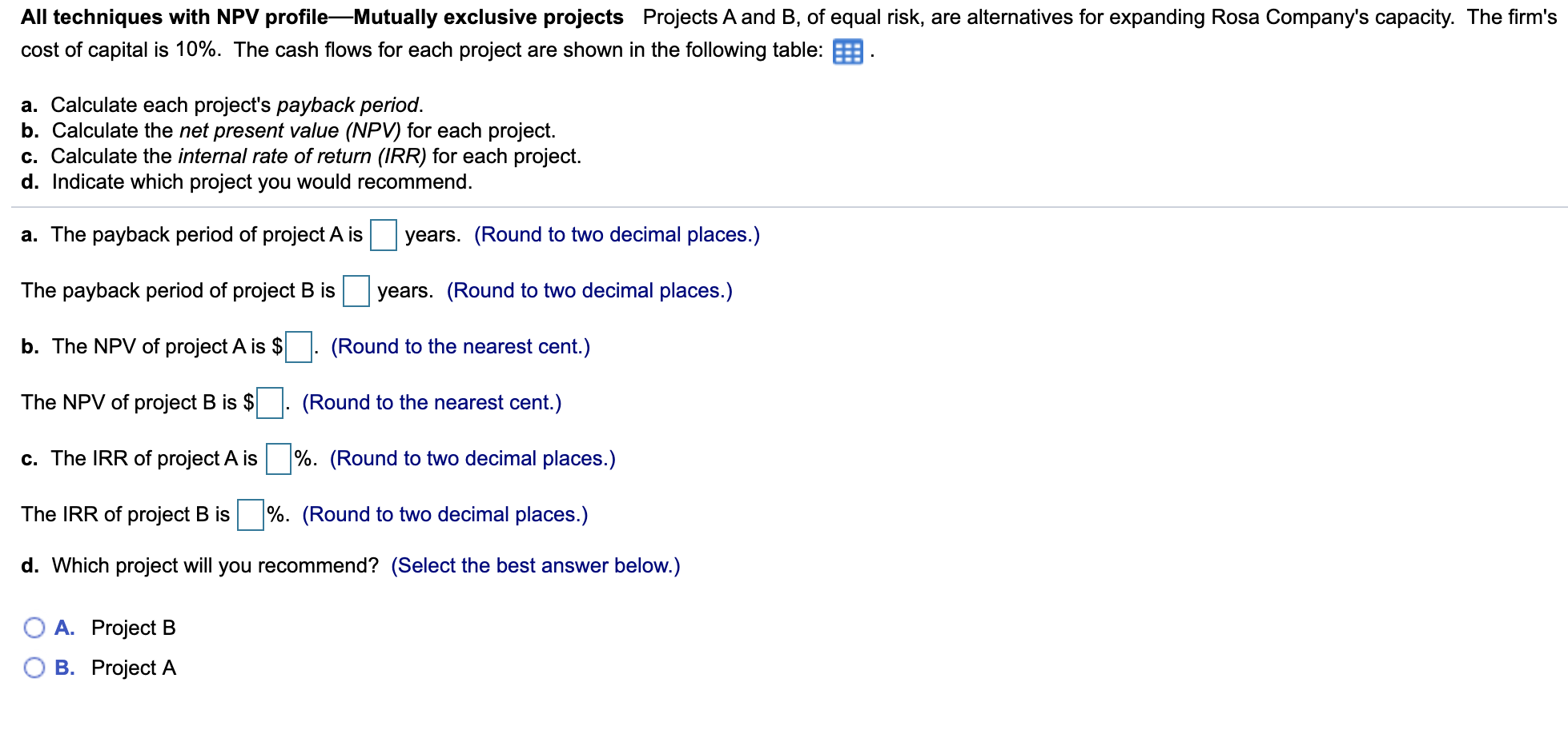 All techniques with NPV profileMutually exclusive projects Projects A and B,