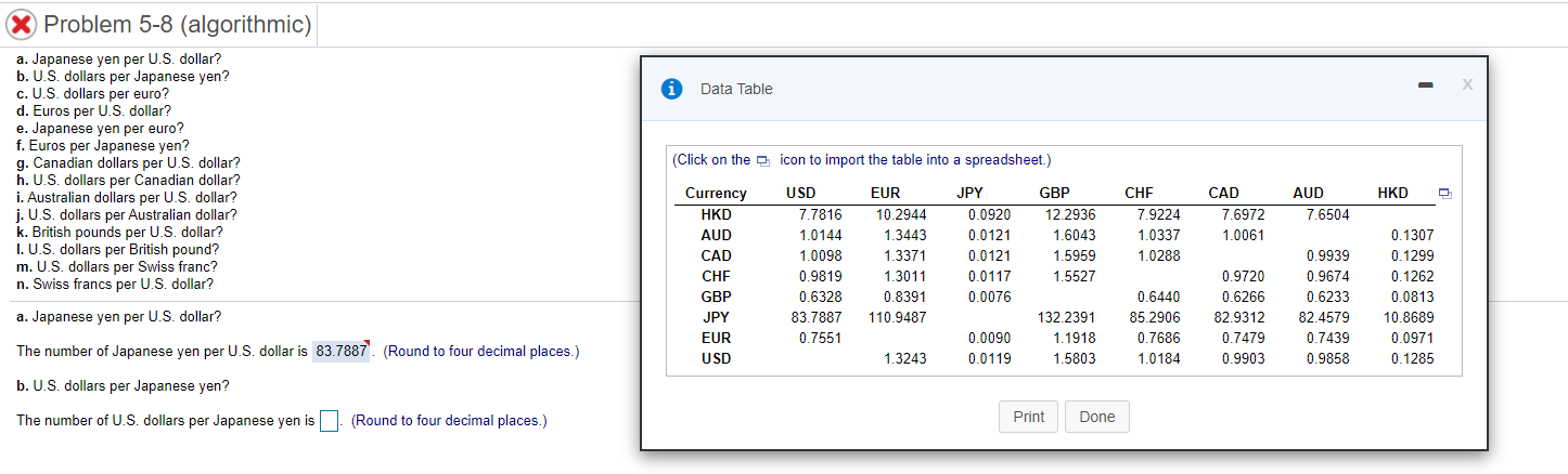 Data Table Problem 5-8 (algorithmic) a. Japanese yen per U.S. dollar?