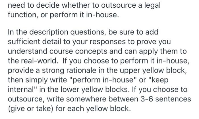  need to decide whether to outsource a legal function, or perform