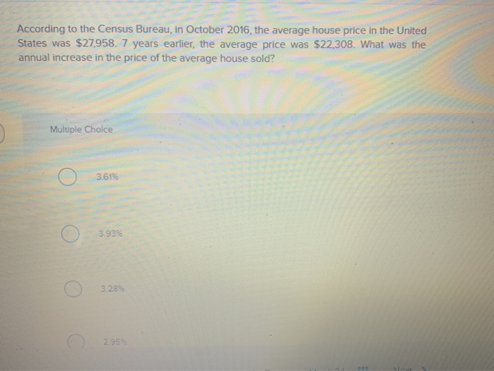  According to the Census Bureau, in October 2016, the average house