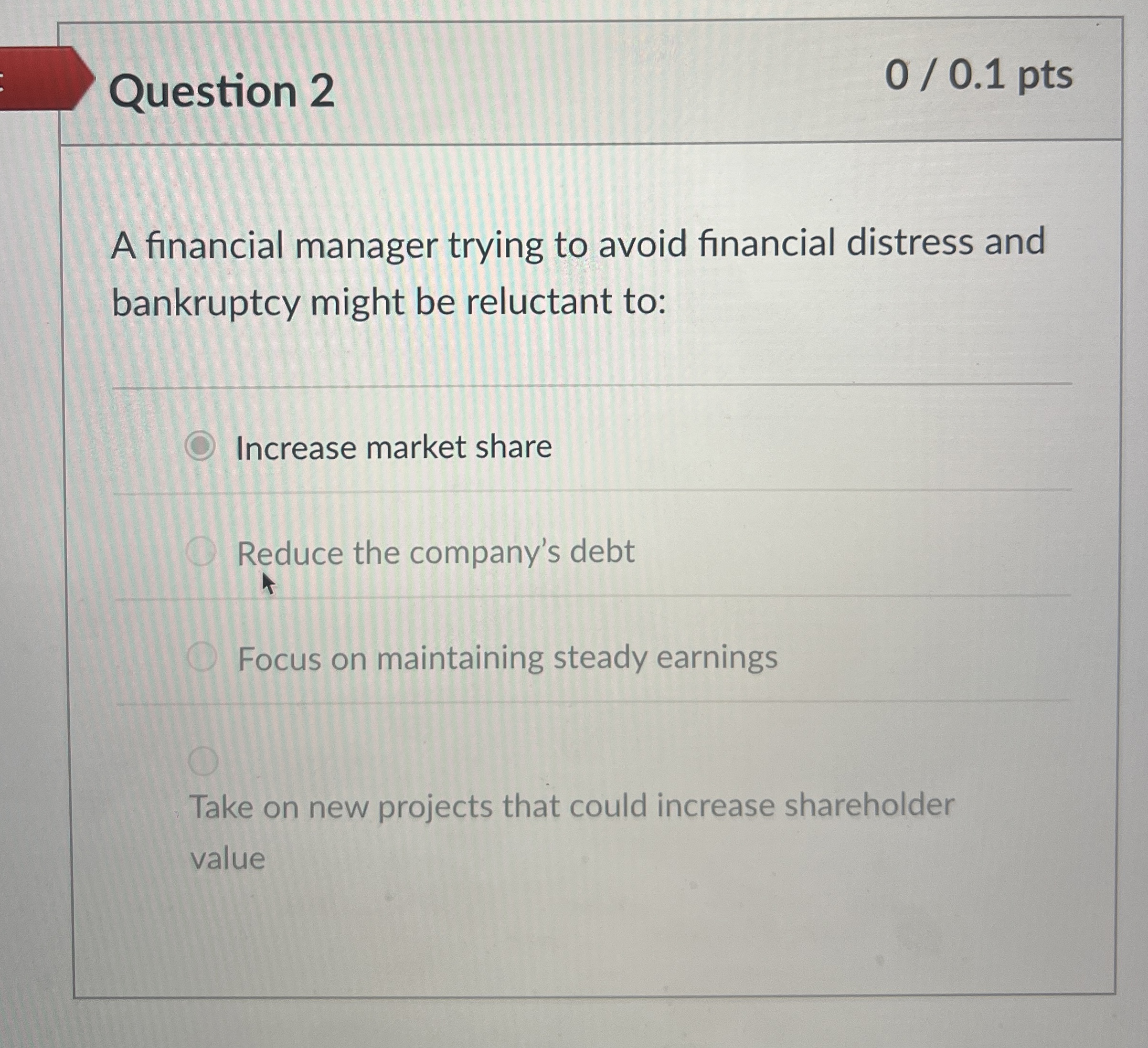  Question 2 A financial manager trying to avoid financial distress and