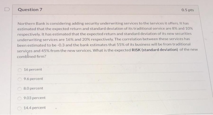  Question 7 0.5 pts Northern Bank is considering adding security underwriting