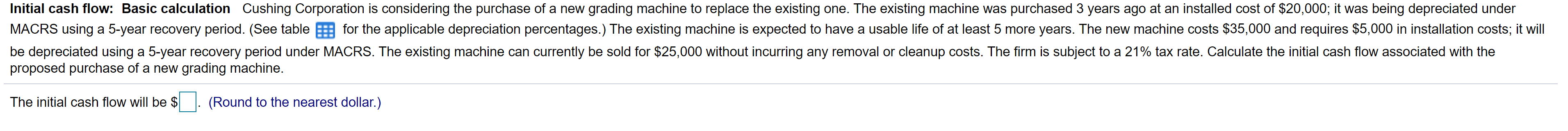  Initial cash flow: Basic calculation Cushing Corporation is considering the purchase