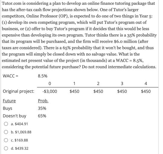 Tutor.com is considering a plan to develop an online finance tutoring