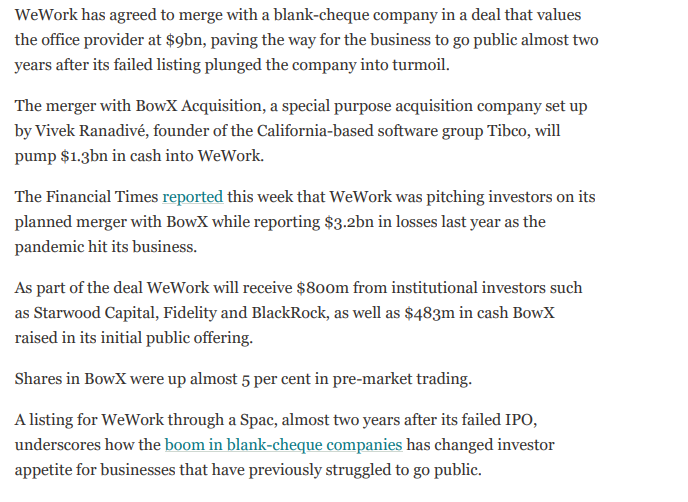 details the decision of WeWork to go public by merging with a