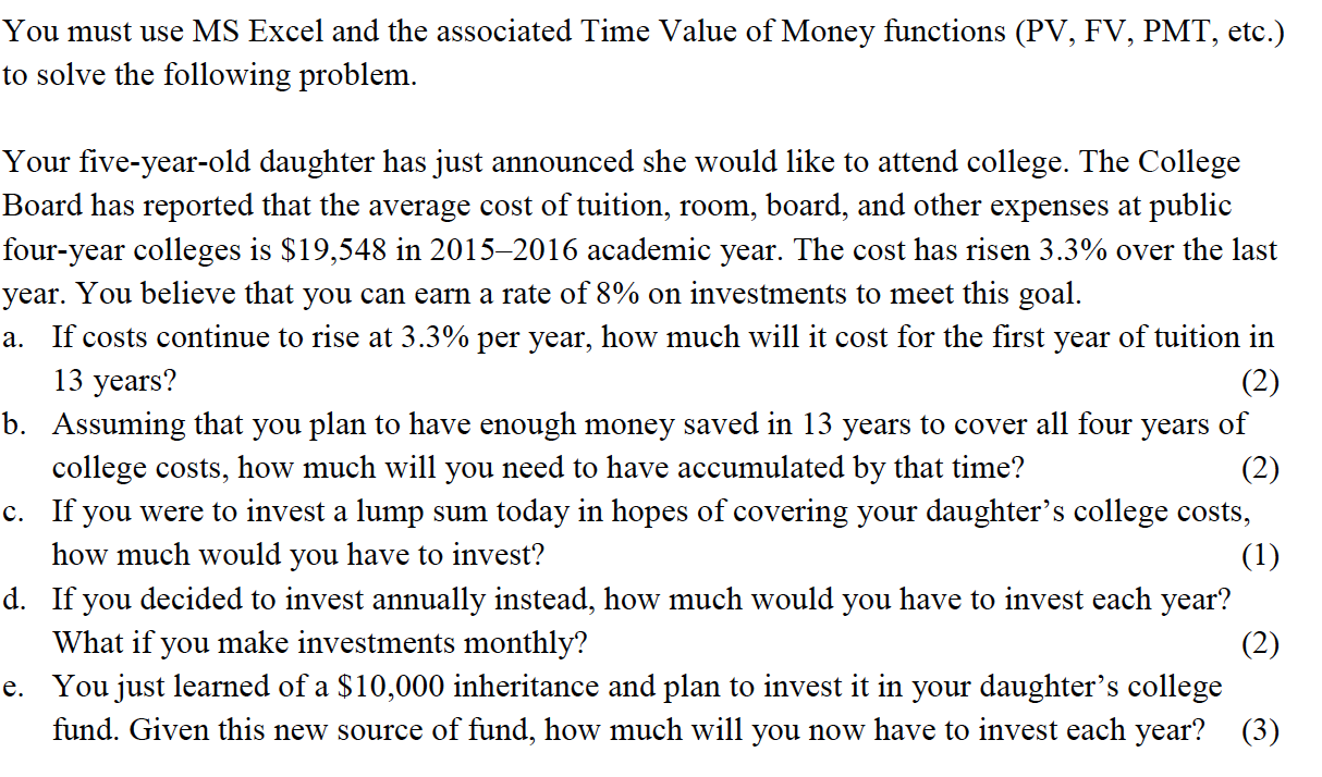 Please Solve Using Excel!!! You must use MS Excel and the associated