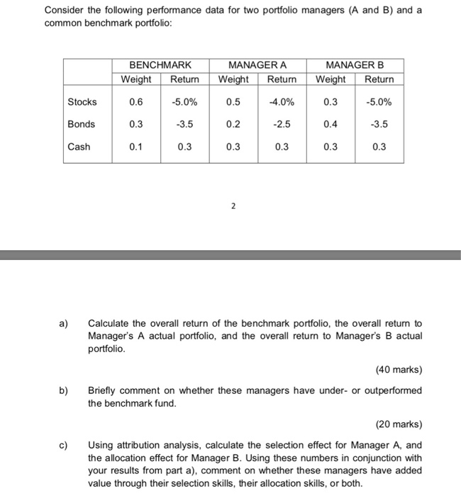  Consider the following performance data for two portfolio managers (A and