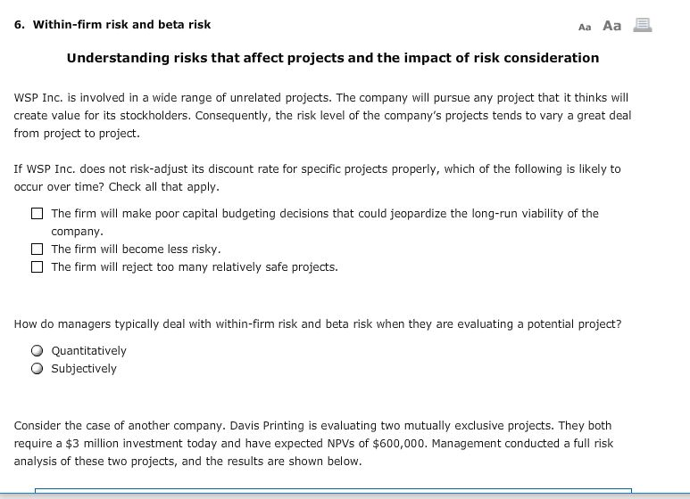  6. Within-firm risk and beta risk Aa Aa Understanding risks that