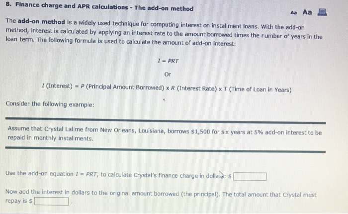  8. Finance charge and APR calculations - The add-on method Aa
