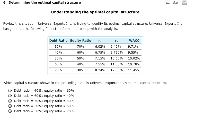 6. Determining the optimal capital structure 6. Determining the optimal capital structure