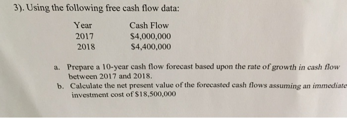  3). Using the following free cash flow data: Year 2017 2018