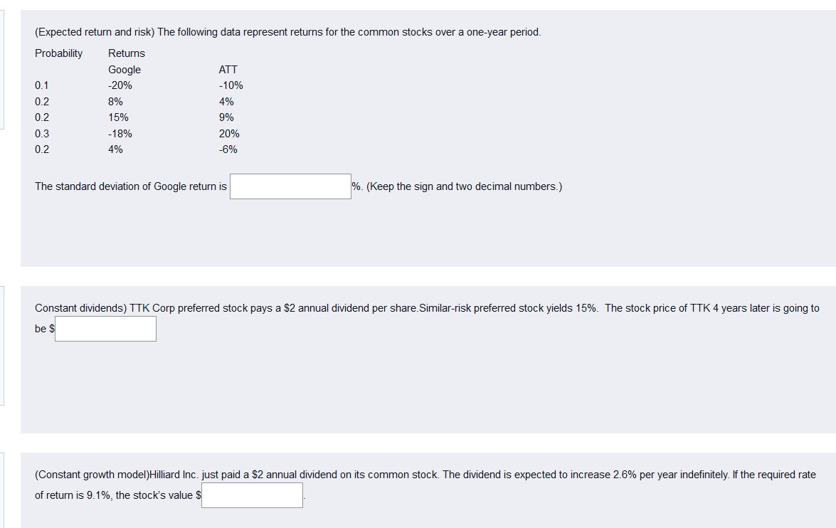  (Expected return and risk) The following data represent returns for the