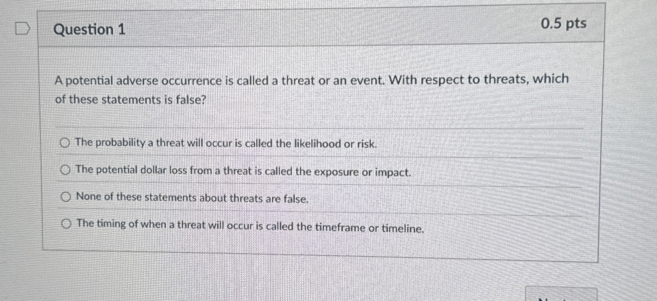  Question 1 A potential adverse occurrence is called a threat or