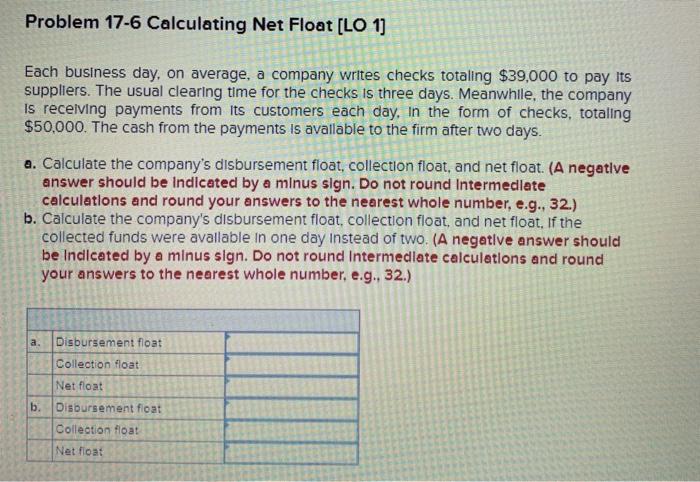  Problem 17-6 Calculating Net Float [LO 1) Each business day, on