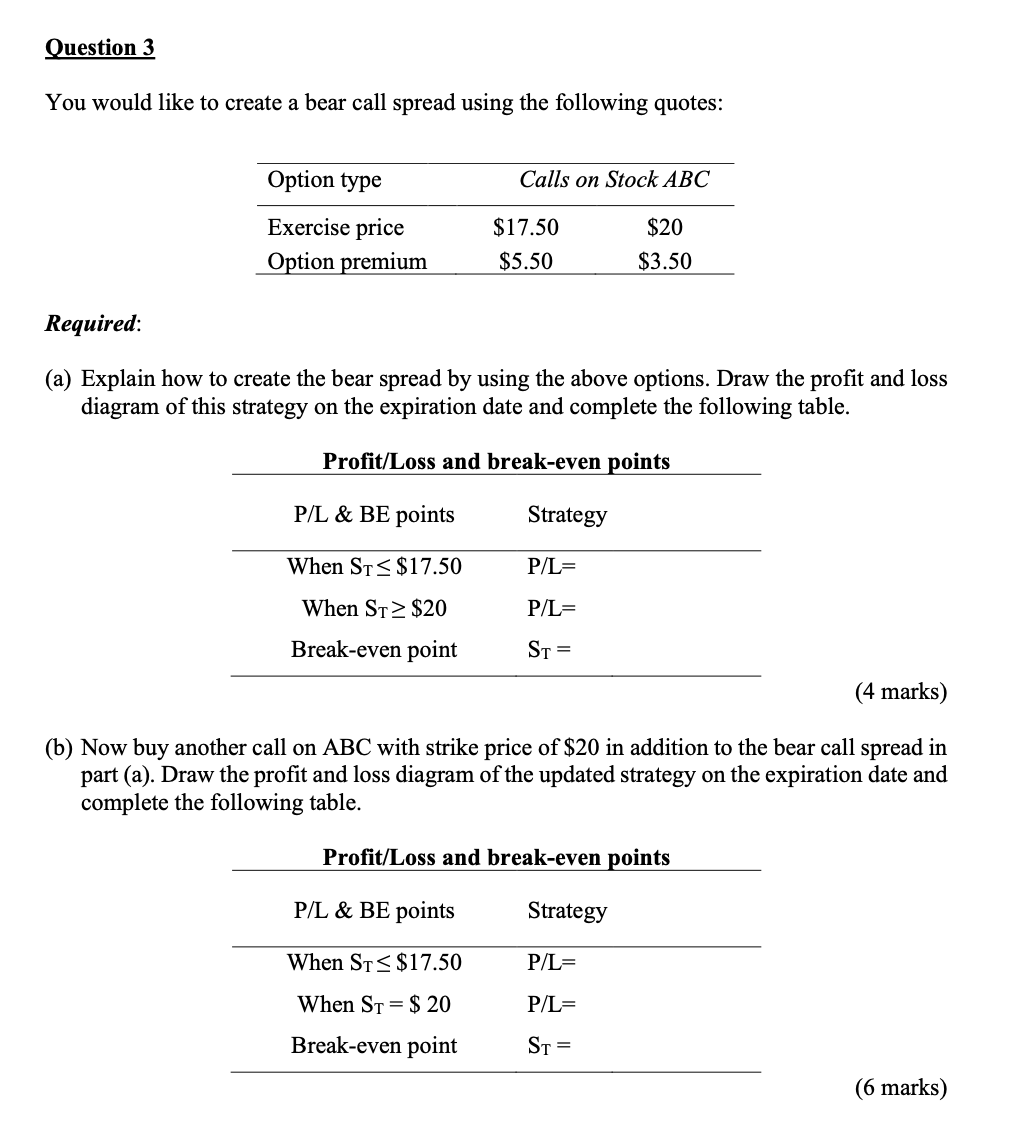  Question 3 You would like to create a bear call spread