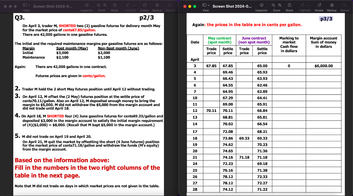  Q3. On April 3, trader M, SHORTED two (2) gasoline futures