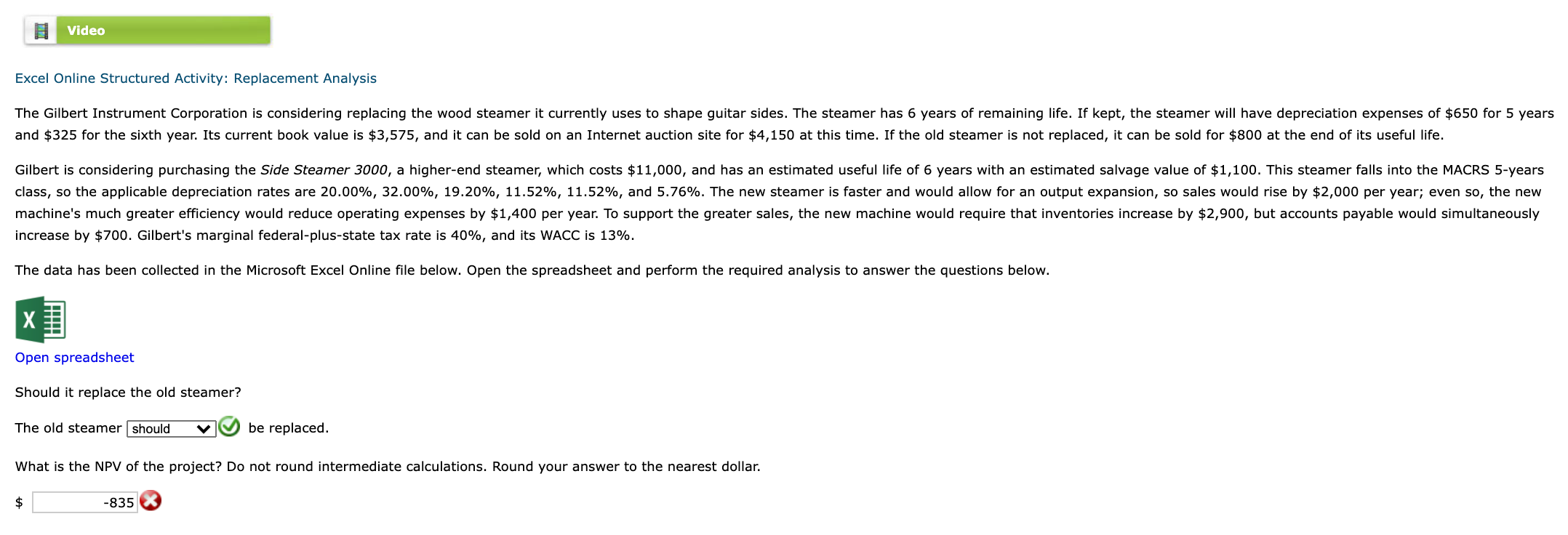 Video Excel Online Structured Activity: Replacement Analysis The Gilbert Instrument Corporation