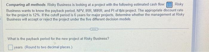  Comparing all methods. Risky Business is looking at a project with