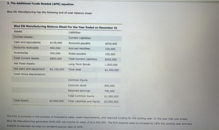  3. The Additional Funds Needed (AFN) equation Blue tik Manufacturing has