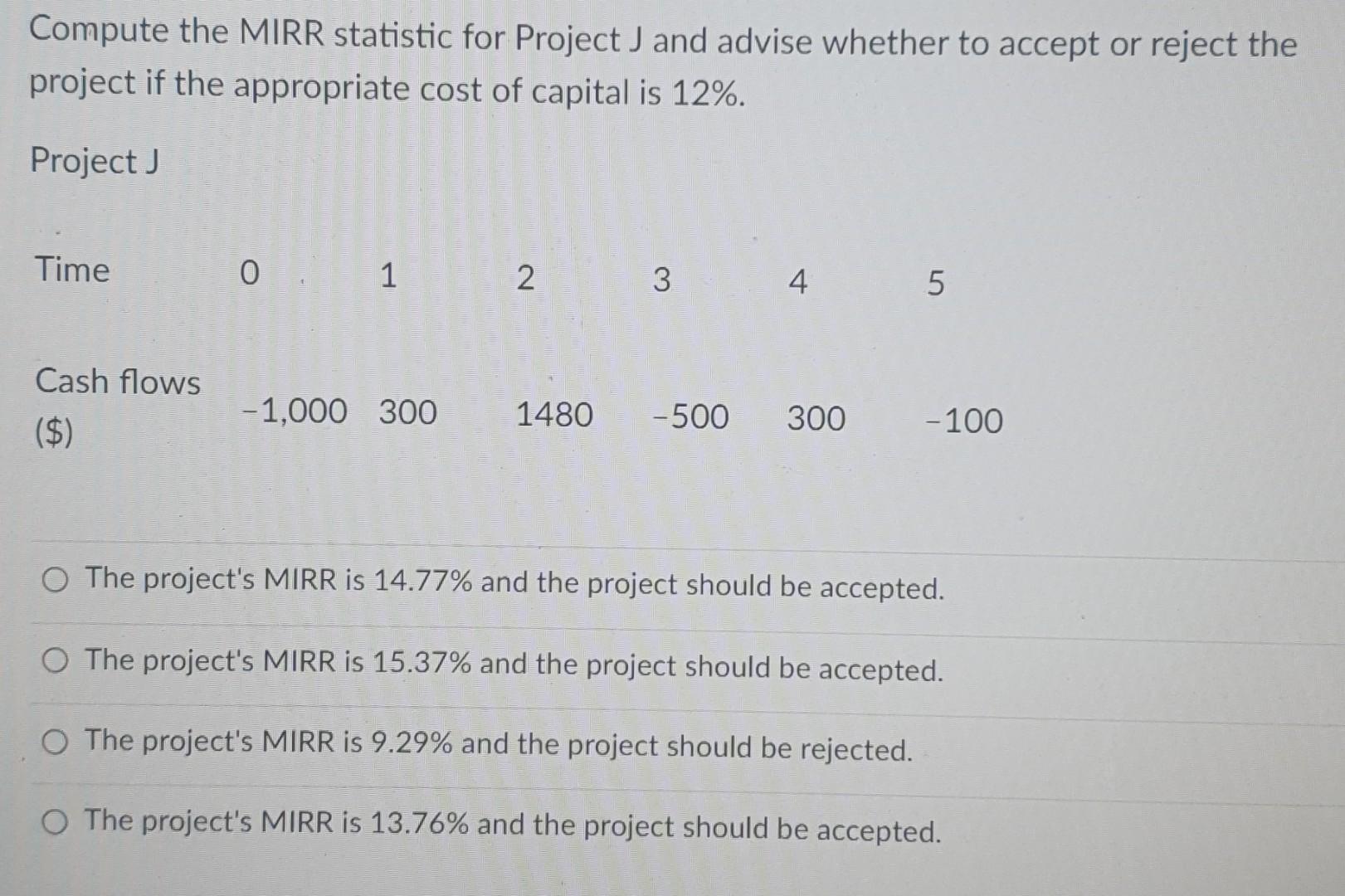 Compute the MIRR statistic for Project J and advise whether to
