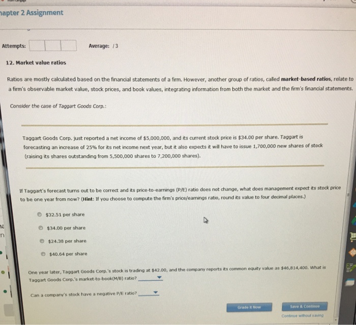  apter 2 Assignment Attempts: Average: 13 12. Market value ratios Ratios