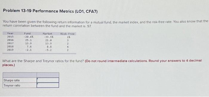  Problem 13-19 Performance Metrics (LO1, CFA7) You have been given the