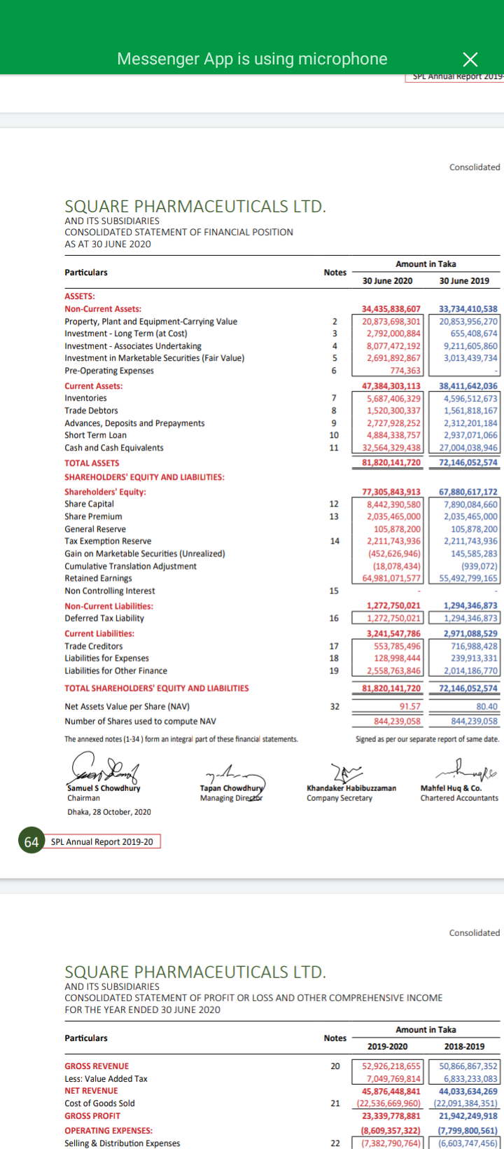 Income Statement (page- 67) of Annual Report of Square Pharmaceuticals, calculate the