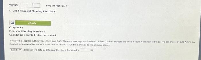  Chapter 12 Financial planning Exercise o Calculating expected return on a