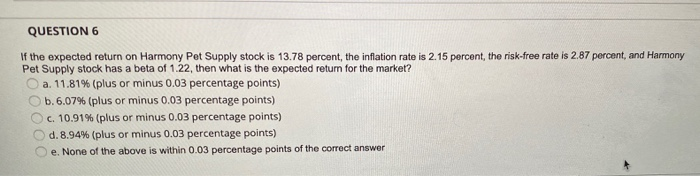  QUESTION 6 If the expected return on Harmony Pet Supply stock
