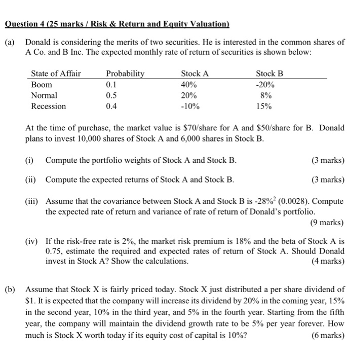  Question 4 (25 marks / Risk & Return and Equity Valuation)