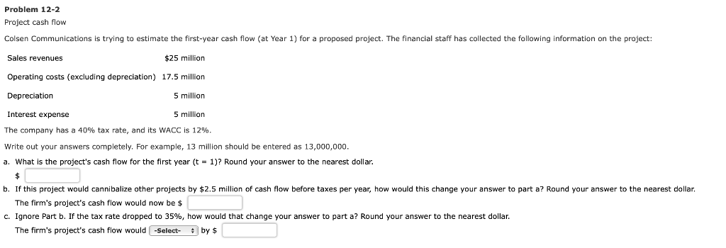 Problem 12-2 Project cash flow Colsen Communications is trying to estimate the